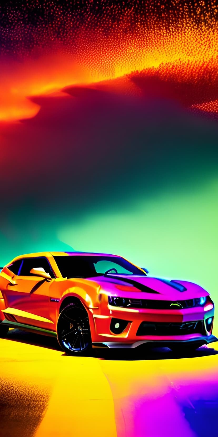 Chevrolet Camaro in a purple and orange gradient finish set against a surreal neon sky for mobile backgrounds.