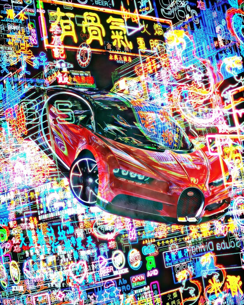 Sleek red hypercar parked on a glowing street surrounded by neon Chinese signs and towering futuristic buildings.
