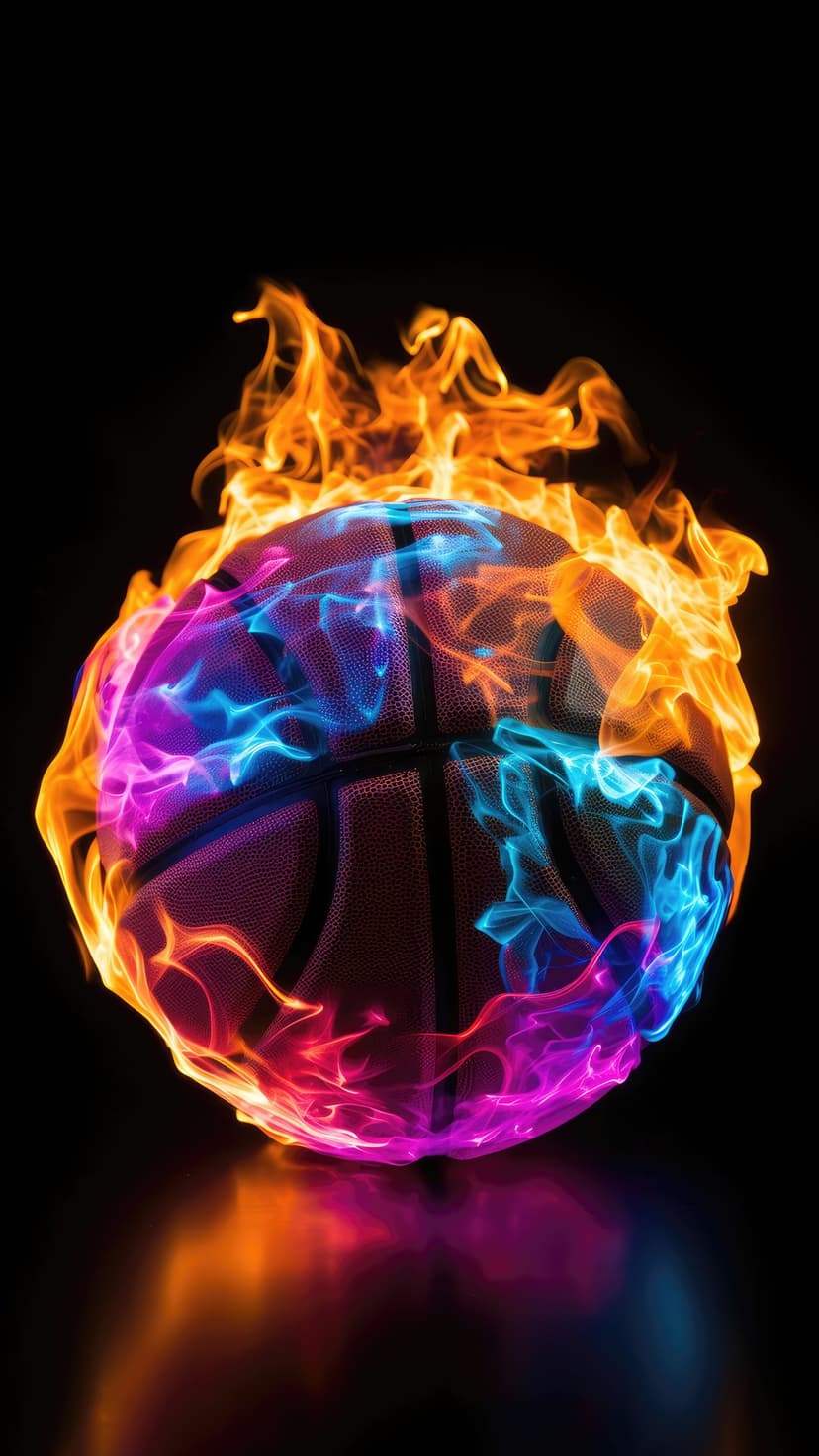 Basketball engulfed in glowing orange, electric blue, and magenta flames against a solid black background.