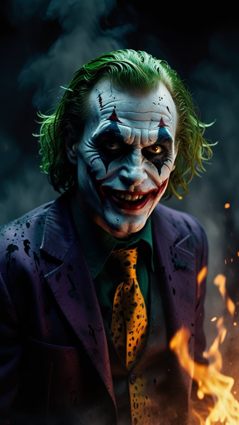 Joker with green hair and a red smeared smile stares forward amid orange flames and dark billows of smoke.
