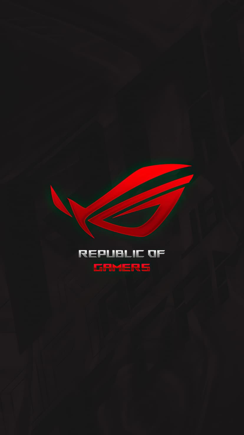 Red ROG logo with sharp angles centered on a dark textured background above futuristic Republic of Gamers text.