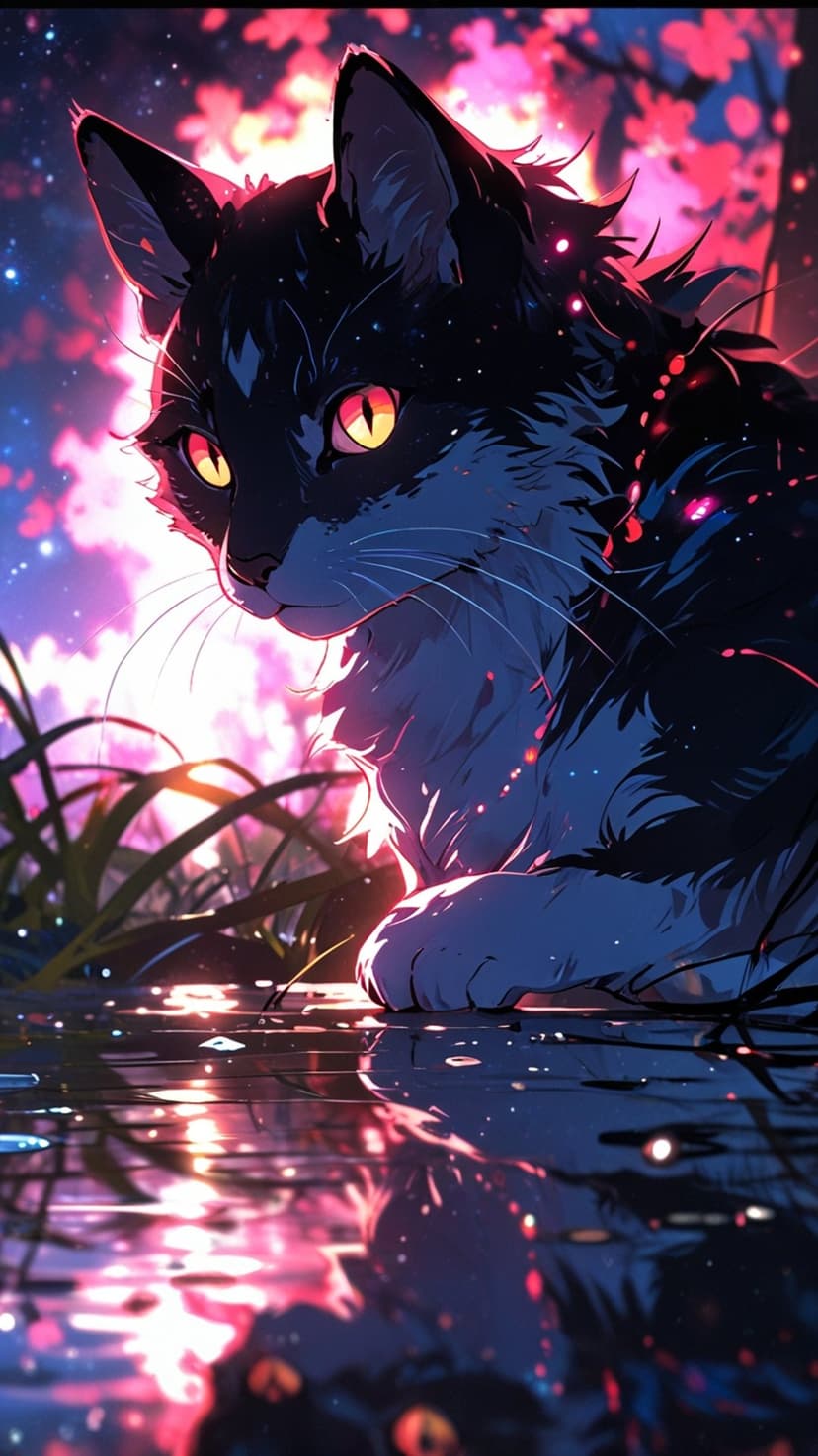 Black cat with yellow eyes sits by a reflective pond under a purple sunset sky filled with glowing fireflies.