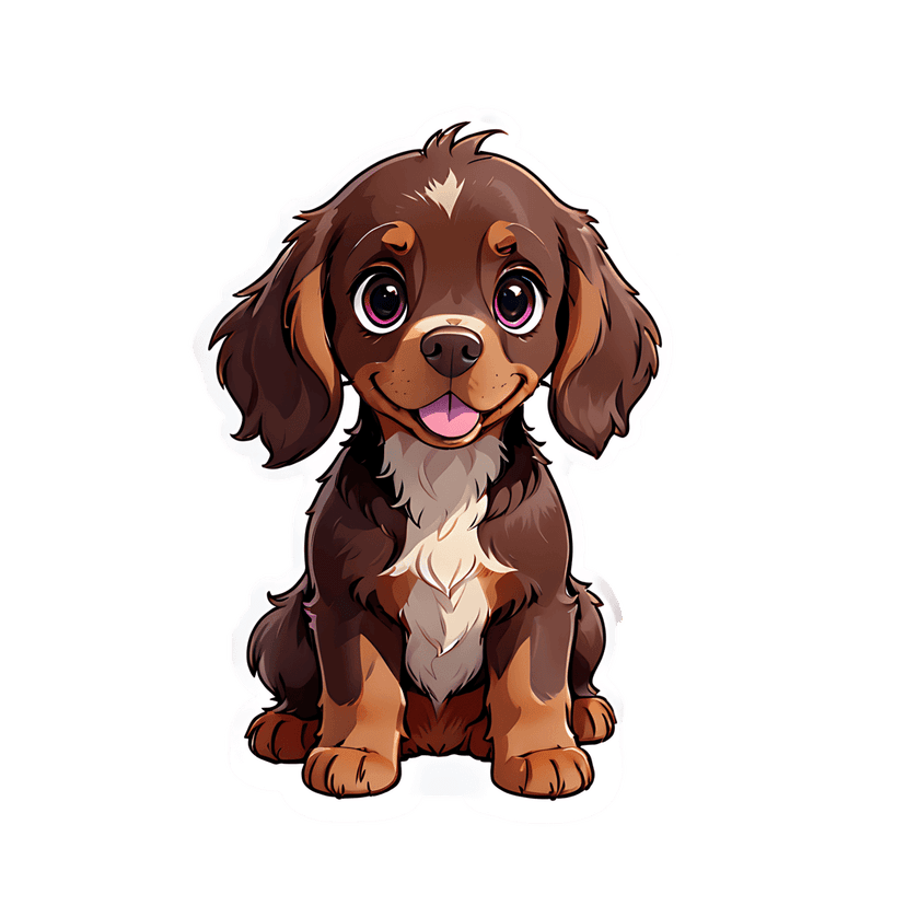 Brown puppy dog sticker illustration features a front-facing canine with tan fur and large glossy violet eyes.