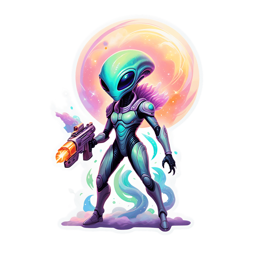 Teal alien warrior in purple armor holding an orange glowing blaster surrounded by cosmic energy and clouds.
