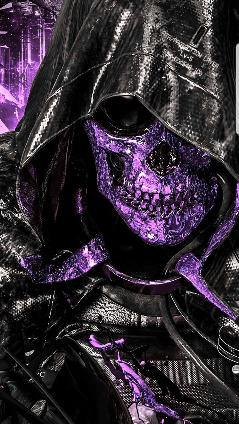 Grim reaper in a dark hood wearing a glowing purple skull mask with mechanical textures and violet light accents.