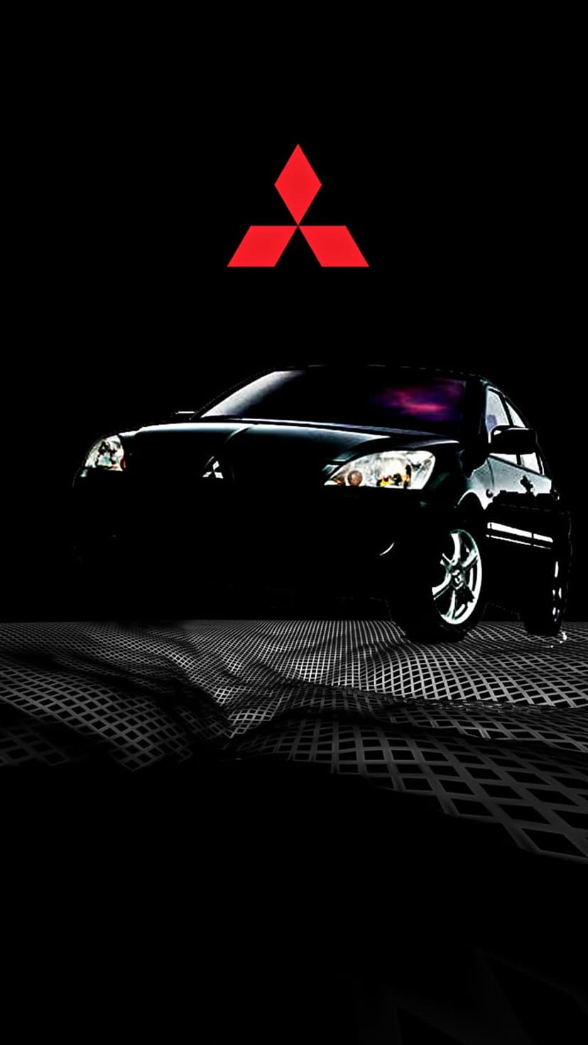 Black Mitsubishi Lancer car on a neon grid floor with a red triple-diamond logo floating in a dark atmosphere.
