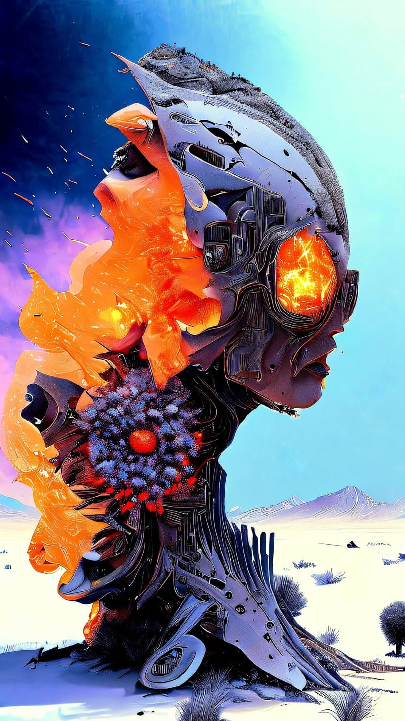 Flaming head alien with a mechanical body stands in a sandy desert under a blue sky and purple mountains.