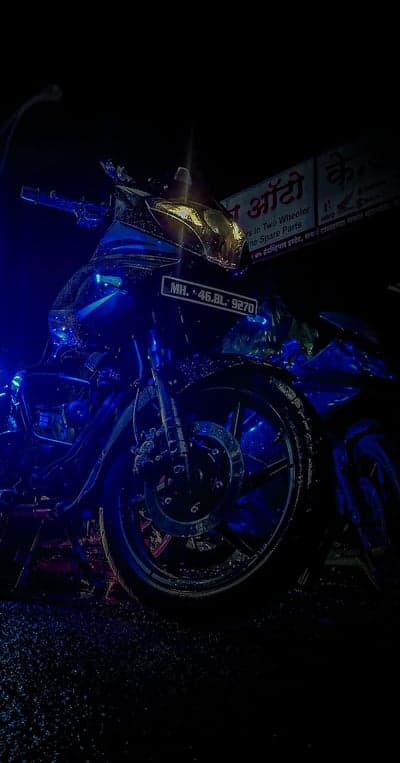Blue Neon Motorcycle at Night, Maharashtra License Plate