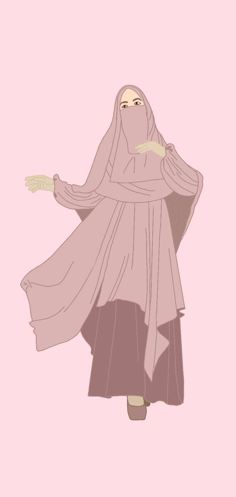 Woman wearing a pink hijab and abaya with only her eyes visible against a soft monochromatic pink background.