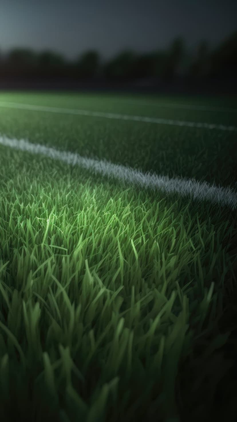 Green soccer field grass and a white boundary line glow under bright stadium floodlights at night.