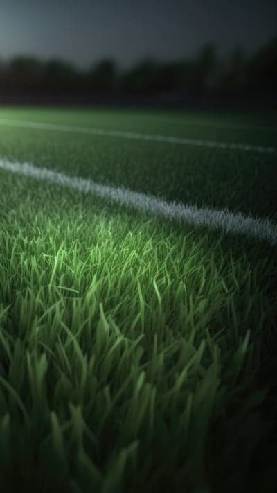 Close-up Green Soccer Field Grass with White Line at Night
