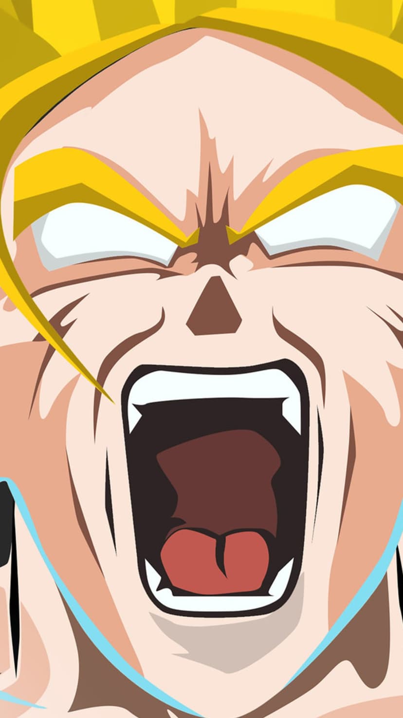 Super Saiyan warrior screams with wide mouth, golden spiky hair, and glowing teal eyes in a close-up view.