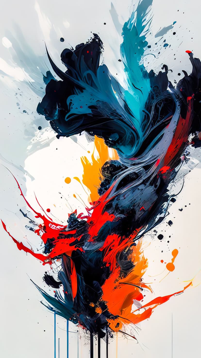 Swirling blue and orange paint splatters with high-contrast drips and white highlights on a dark background.