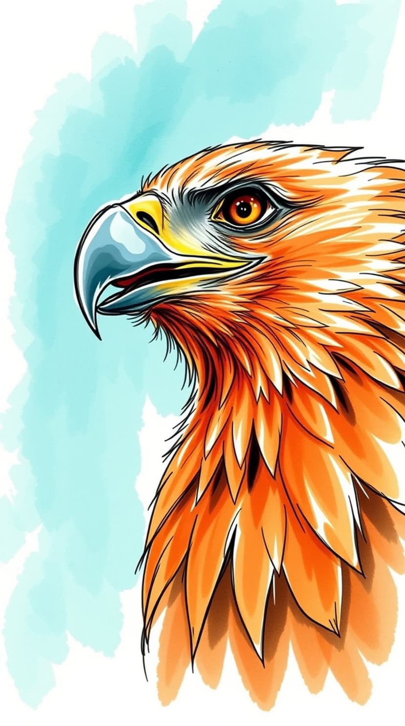 Eagle head with vivid orange feathers, a sharp blue-gray beak, and intense amber eyes against a light blue background.