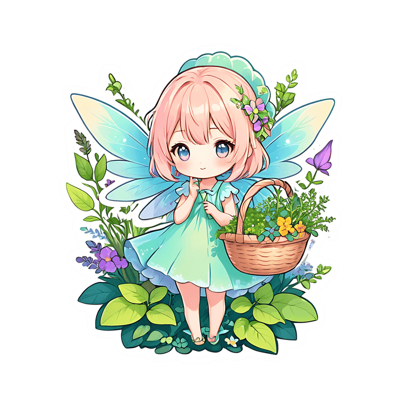 Chibi fairy character with pink hair holds a flower basket amidst teal wings and lush green garden foliage.