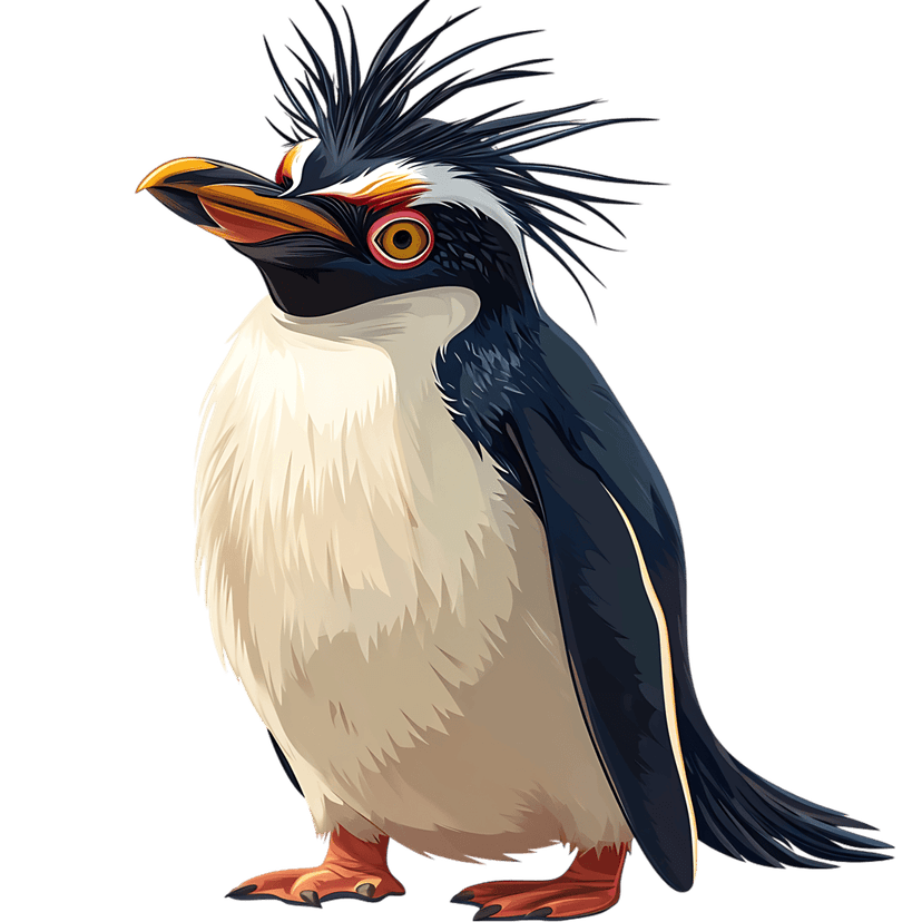 Fiordland crested penguin illustration with yellow plumes, orange beak, and webbed feet on a black background.