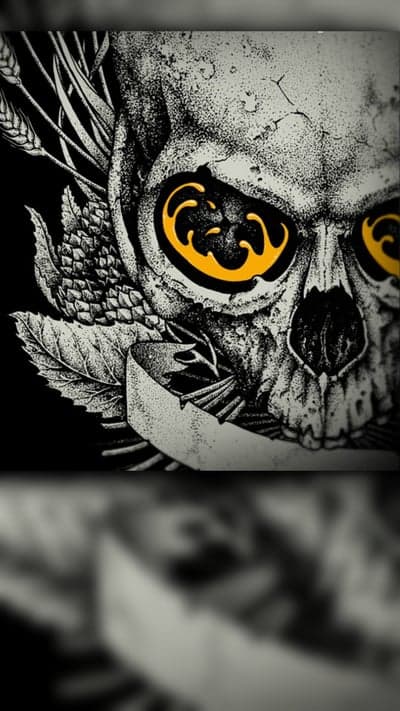 Skull with golden eyes, wheat, and leaves, illustrative art