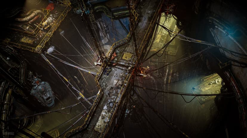 Cyberpunk subterranean pit featuring metallic scaffolding, neon accent lighting, and deep perspective 3D rendering.