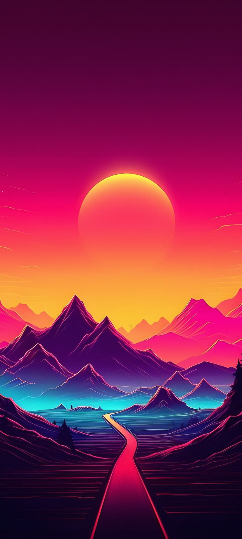 Glowing neon sun sets behind sharp purple mountains overlooking a pink and blue road through a surreal valley.