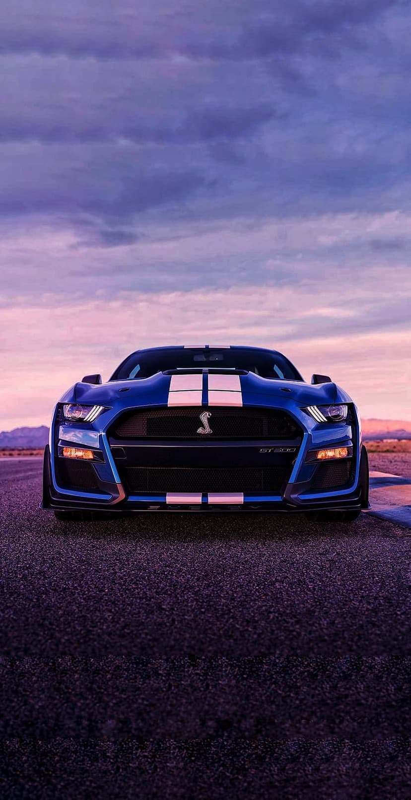 Blue Ford Mustang Shelby GT500 with white racing stripes parked on asphalt under a pink and purple dusk sky.