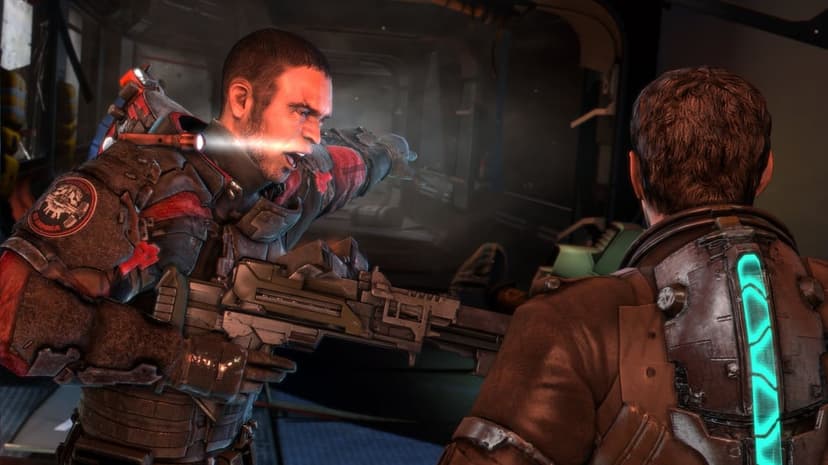 John Carver shouting at Isaac Clarke in a gritty sci-fi corridor with a glowing cyan RIG health bar.