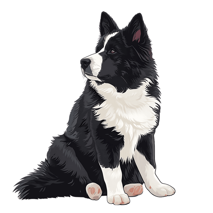 Border Collie dog vector illustration sitting in profile view with black fur and white chest markings.