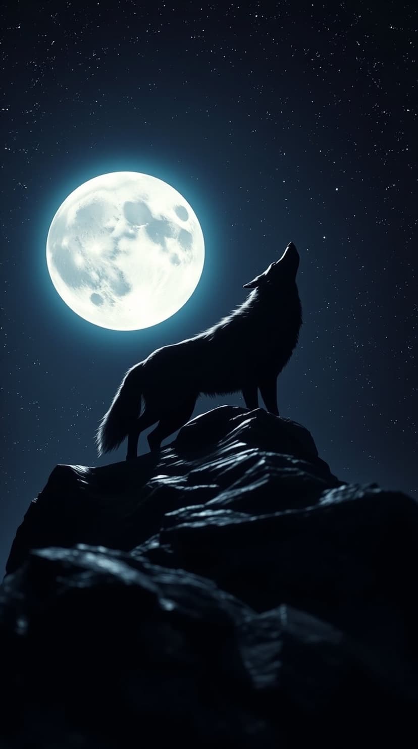 Wolf silhouetted against a huge full moon and starry sky while standing on a sharp mountain peak at night.