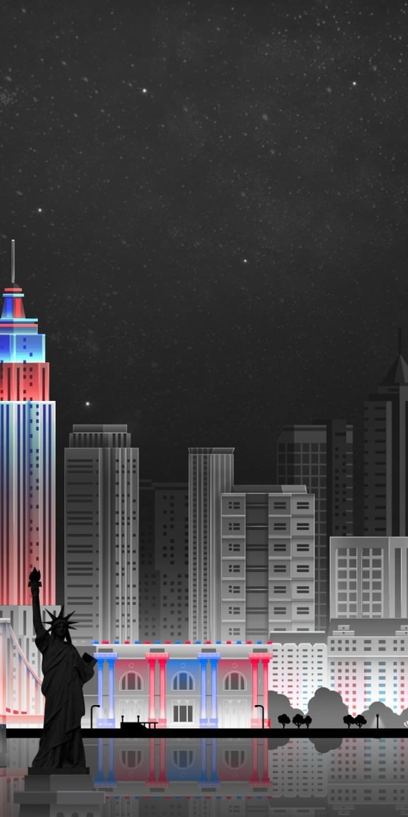 Statue of Liberty silhouette against a starry night sky and grayscale buildings with red and blue highlights.