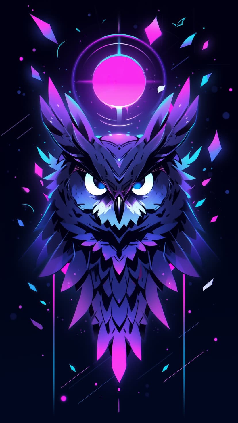 Stylized owl with glowing purple and blue feathers surrounded by floating geometric shapes on a dark background.