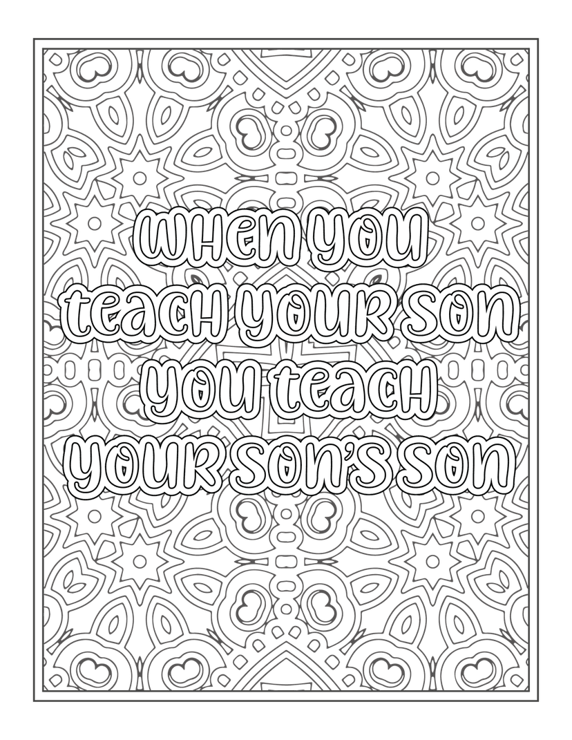 Intergenerational teaching quote features bold white text over a black symmetrical mandala pattern background.