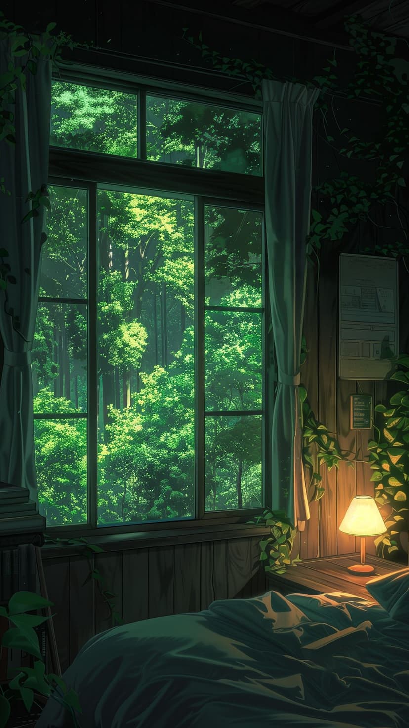 Bedside lamp glows on a wooden nightstand next to a large window overlooking a dense green forest and ivy vines.