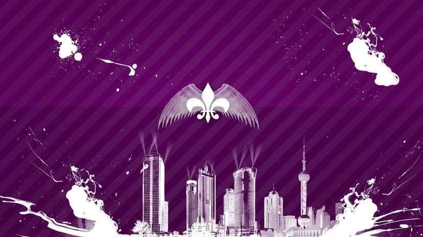 Winged fleur-de-lis symbol over a white Shanghai city skyline against a purple diagonal striped background.
