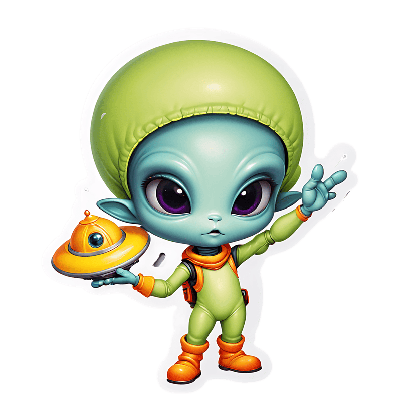 Teal alien character in lime green spacesuit waving while holding a small yellow UFO saucer sticker graphic.