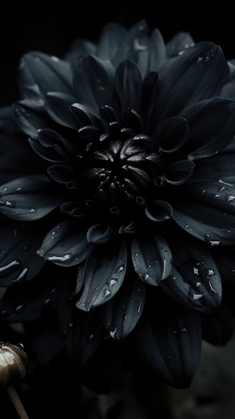 Dark dahlia flower petals covered in clear water droplets with moody lighting and a shallow depth of field.
