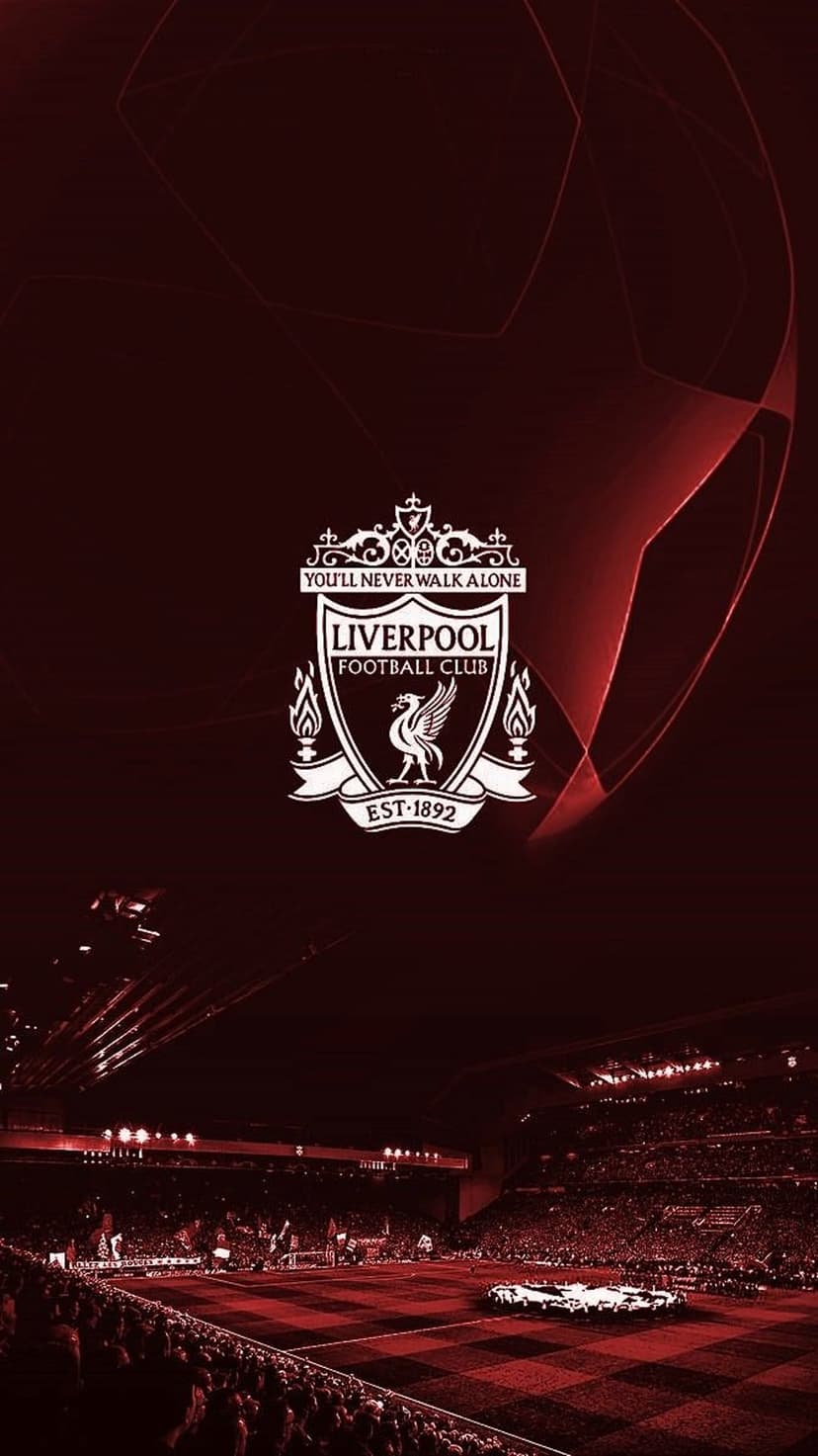 Liverpool FC crest centered over a dark, atmospheric soccer stadium with floodlights and deep red hues.