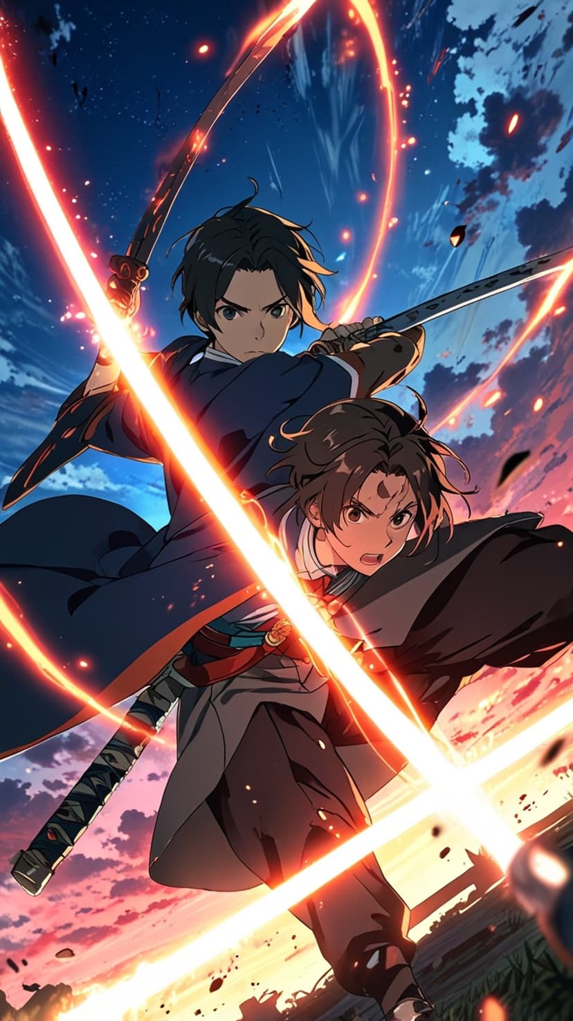 Two young samurai wield glowing orange katanas amidst flying sparks and debris under a dark twilight sky.