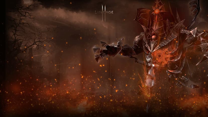 Giant glowing armored demon and dark female warrior standing amidst flying embers and misty forest chains.