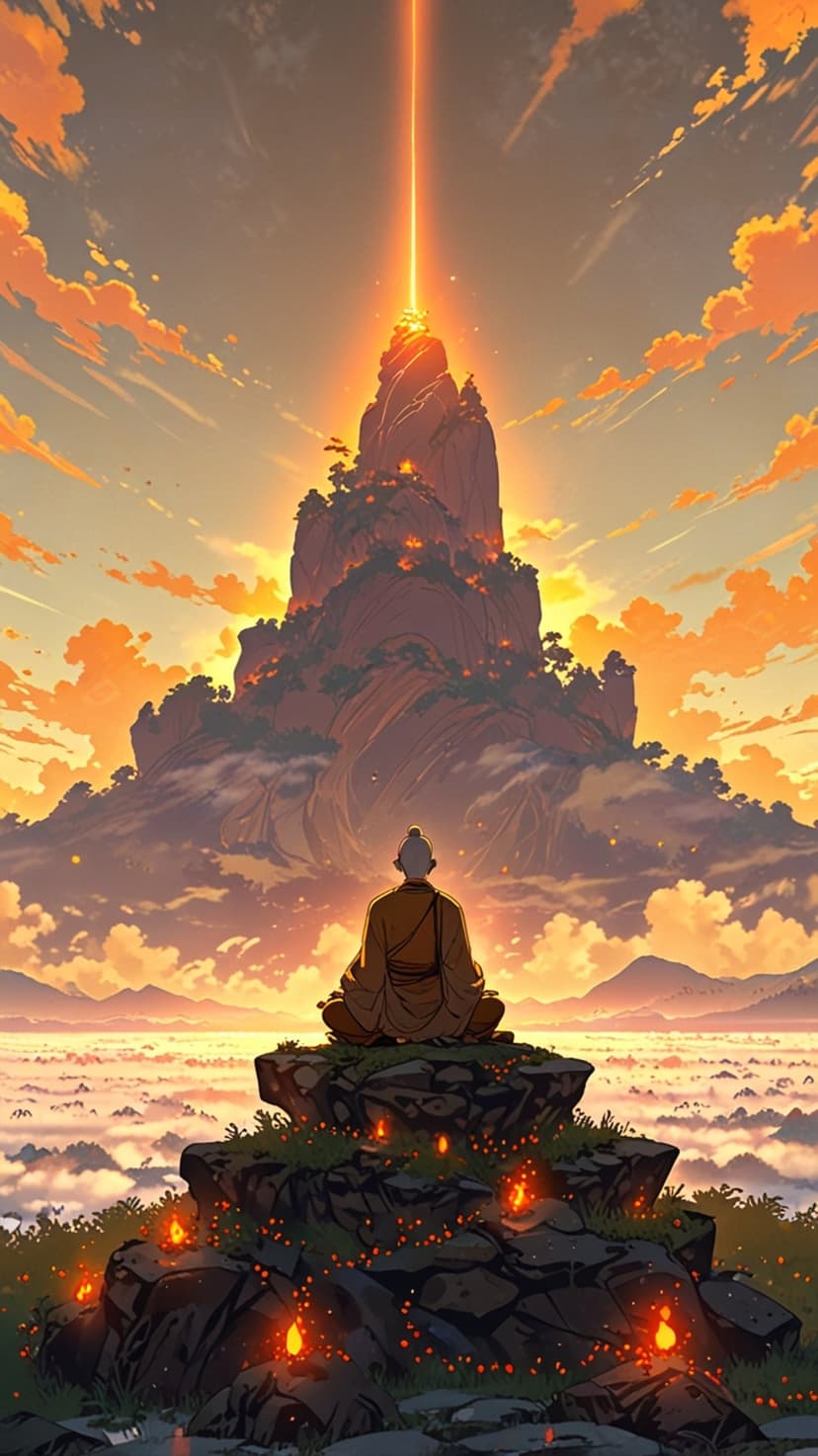 Monk in saffron robes meditates among lit candles on a rocky cliff facing a radiant, glowing mountain peak.