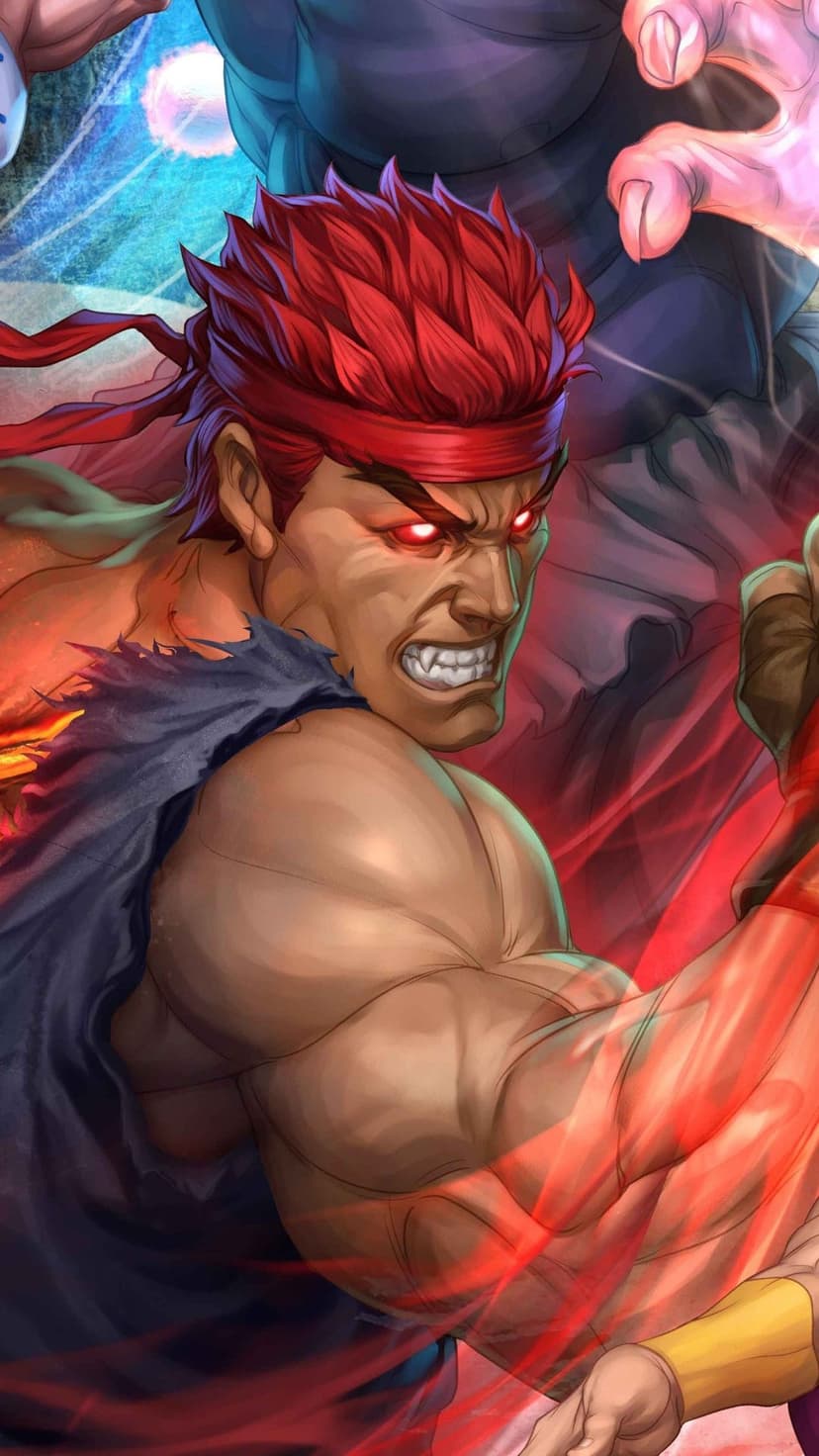Evil Ryu with glowing red eyes and spiky red hair surrounded by crimson energy in a muscular fighting pose.