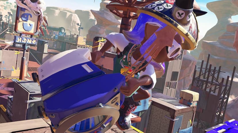 Inkling in a helmet deploys a blue Tacticooler machine in a sunlit desert canyon with wooden structures.