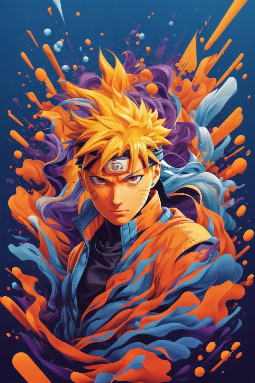Naruto Uzumaki with blonde spiky hair and orange jacket surrounded by purple and blue abstract paint splatters.