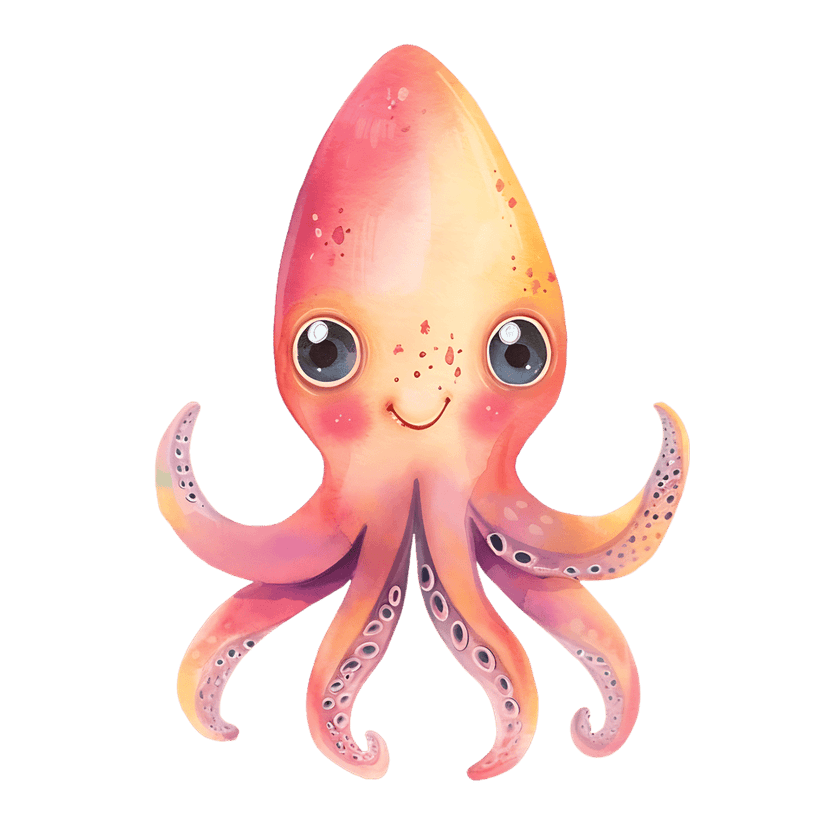 Watercolor octopus illustration with pink and yellow gradient skin, large dark eyes, and small tentacles.