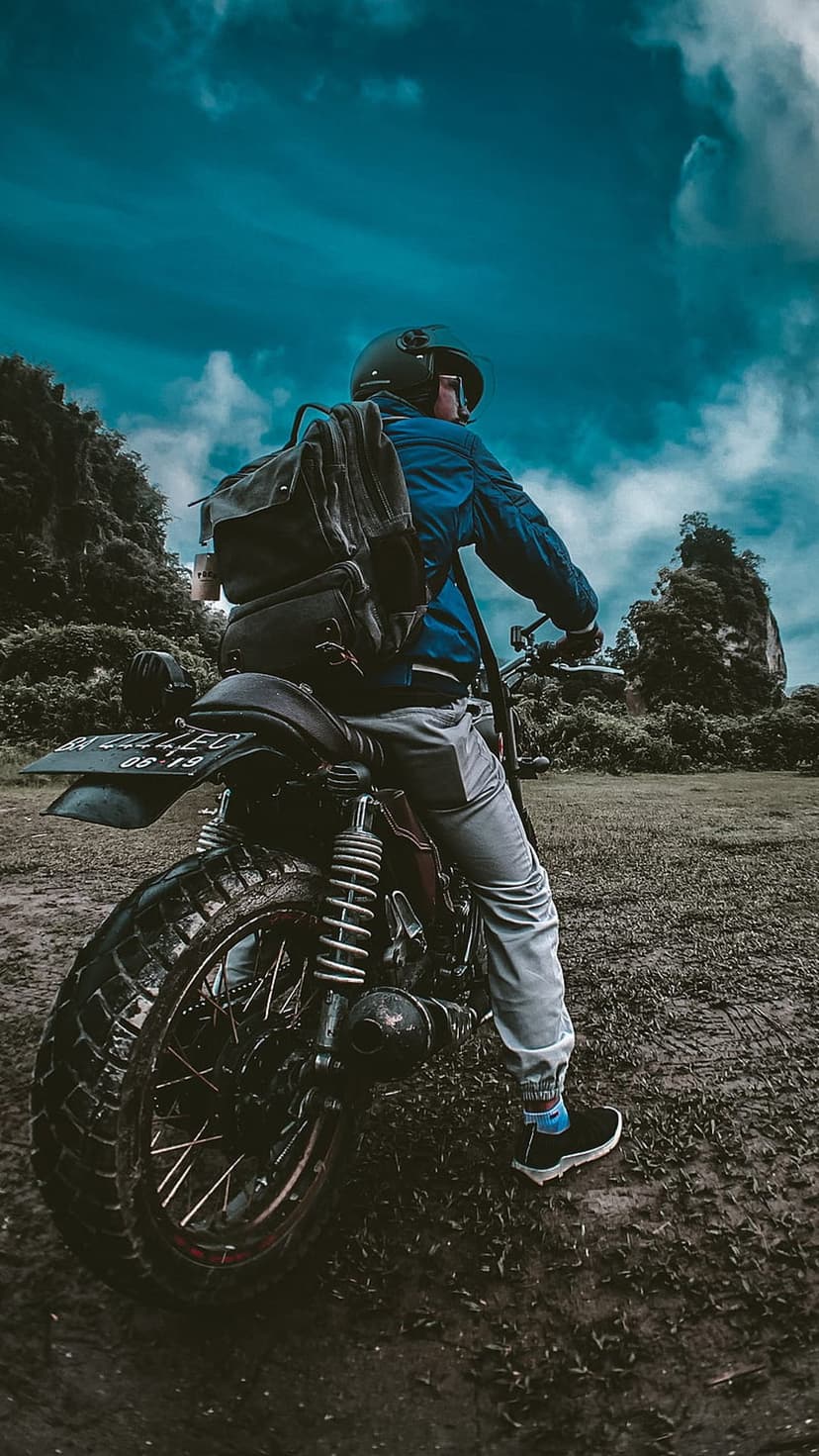 Motorcyclist in a blue jacket sits on a bike overlooking a lush forest valley and a large rocky mountain peak.