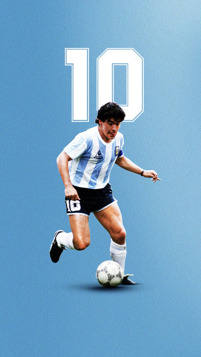 Diego Maradona dribbles a soccer ball in a blue and white striped Argentina kit with the number ten visible.