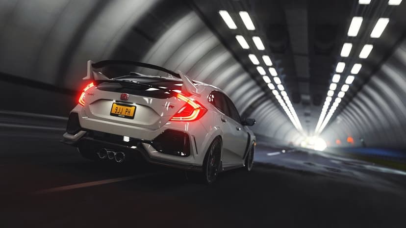 White Honda Civic Type R with glowing red taillights speeding through a brightly lit tunnel with motion blur.