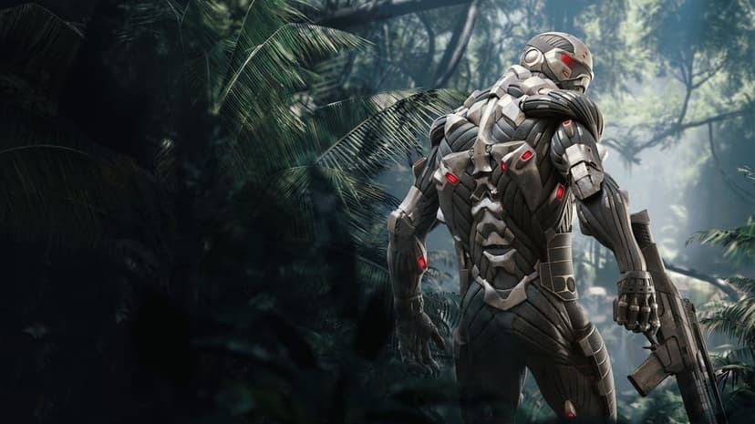 Futuristic soldier in a gray nanosuit stands in a dense jungle holding a rifle under cinematic sunlight.