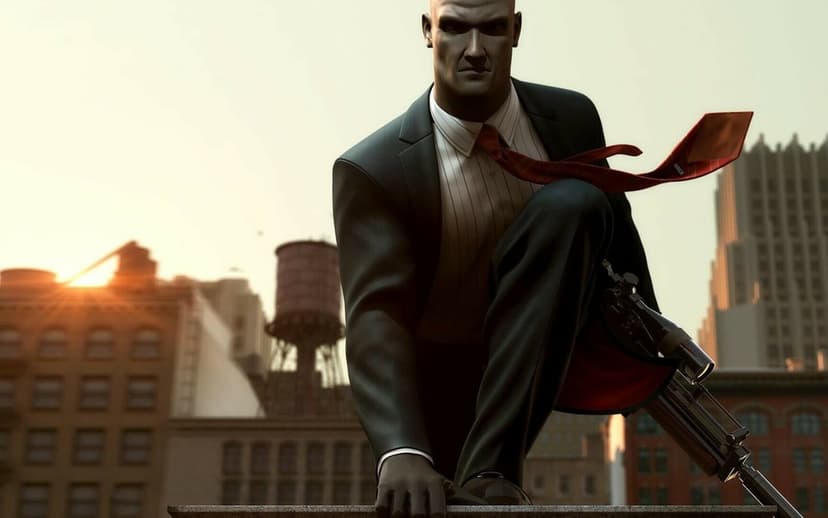 Agent 47 in a dark suit crouching on a city rooftop with a sniper rifle during a golden hour sunset glow.