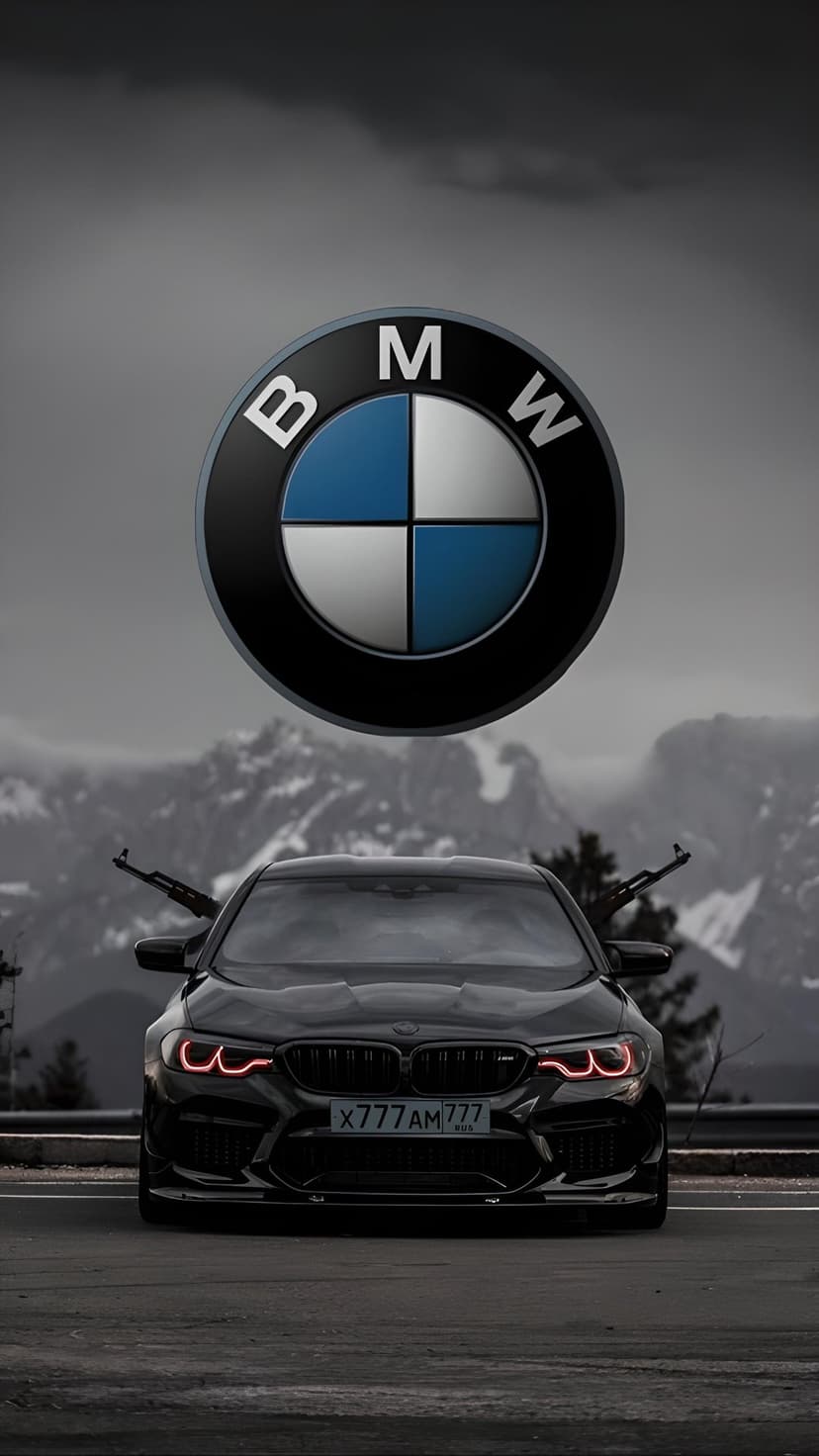 Black BMW M5 with red headlights and mounted rifles parked on a road beneath a hovering logo and mountains.