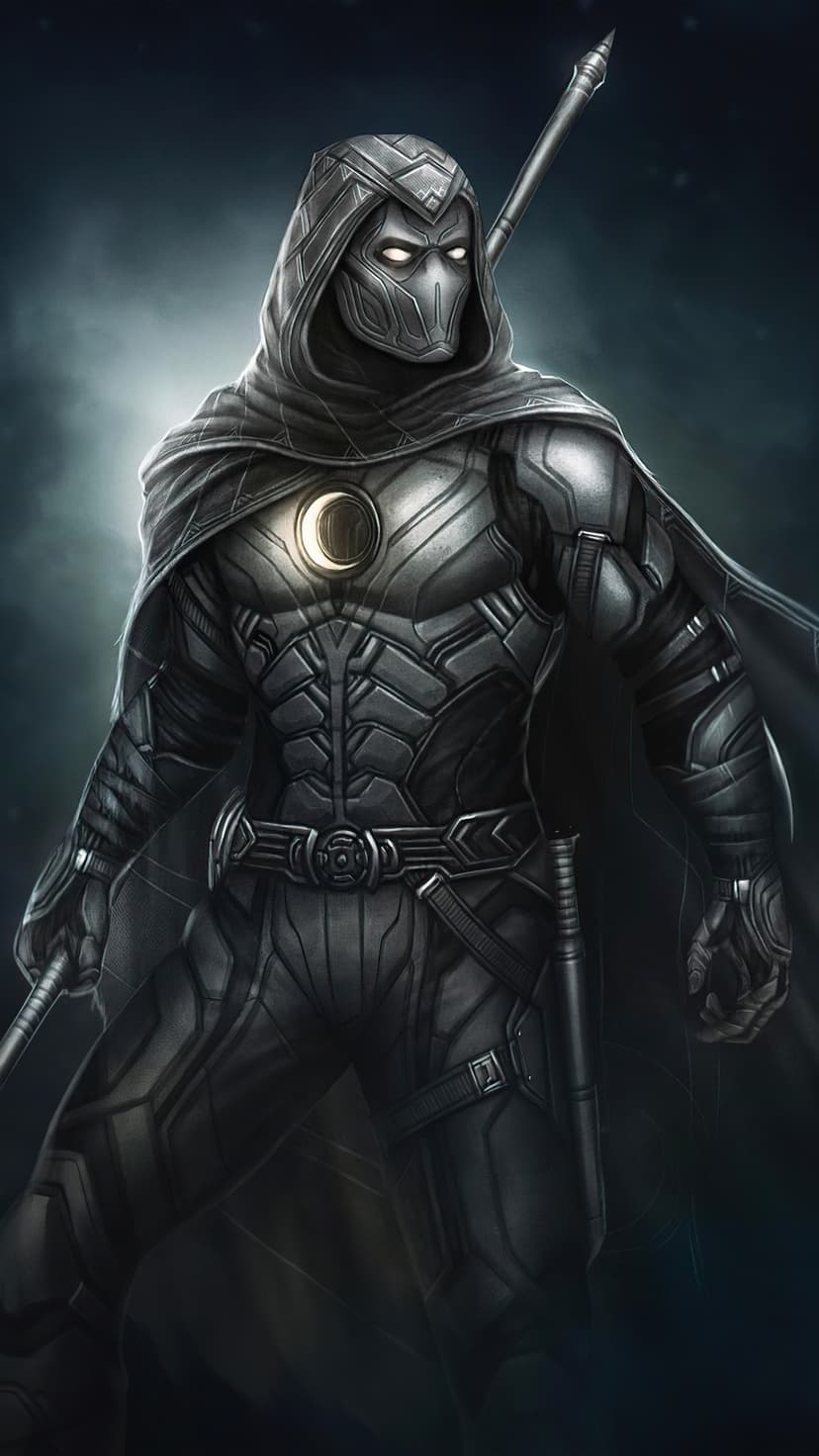 Moon Knight in a white hooded cloak with a glowing silver crescent moon symbol on his armored chest plate.