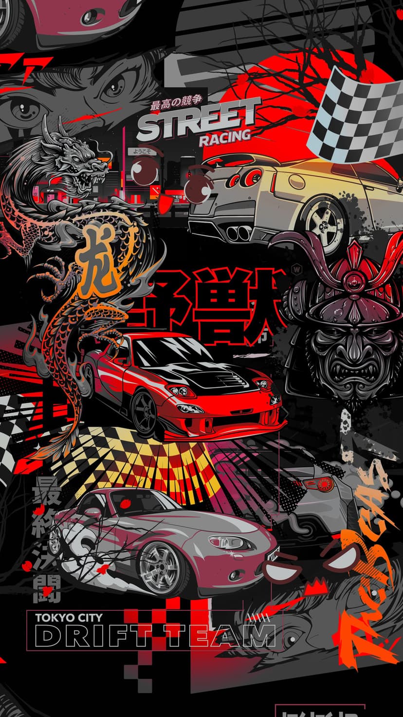 Drifting race cars slide past a Japanese dragon and samurai mask under vibrant Tokyo city neon lights.